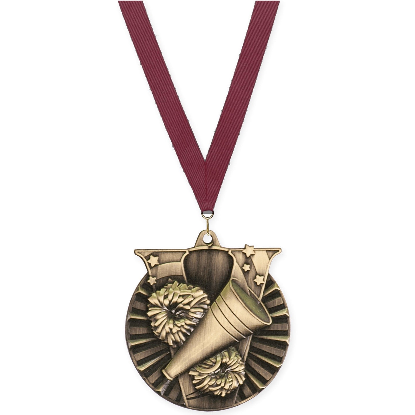 2 inch cheerleading Victory medal in antique gold with Maroon neck ribbon