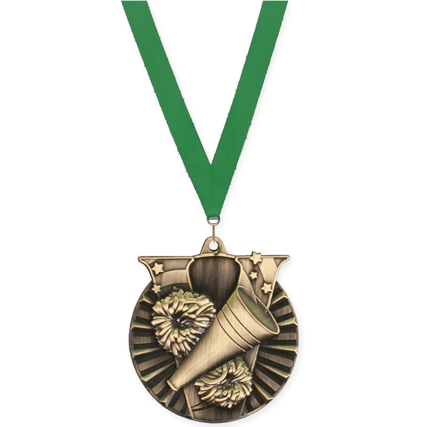 2 inch cheerleading Victory medal in antique gold with Green neck ribbon