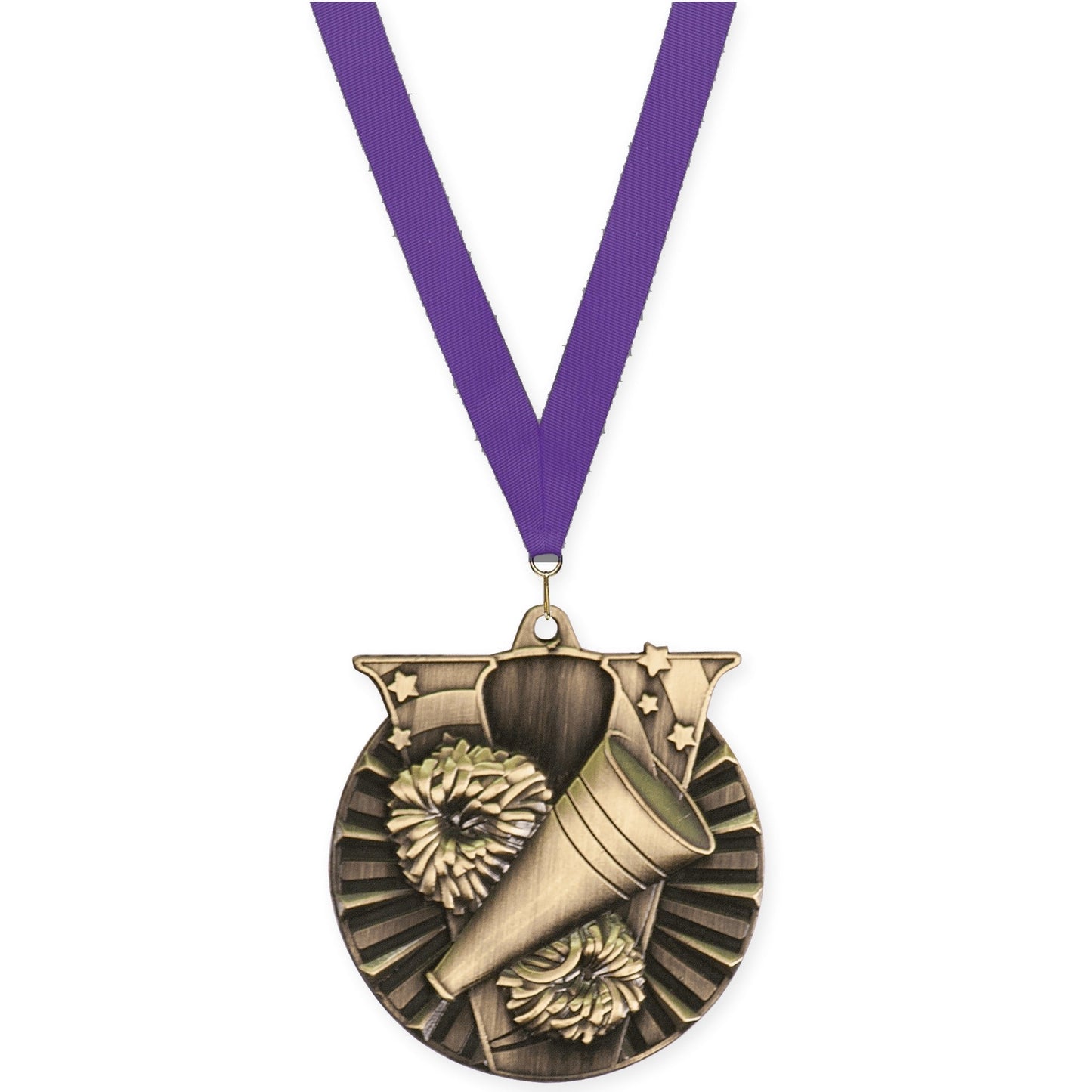2 inch cheerleading Victory medal in antique gold with Purple neck ribbon