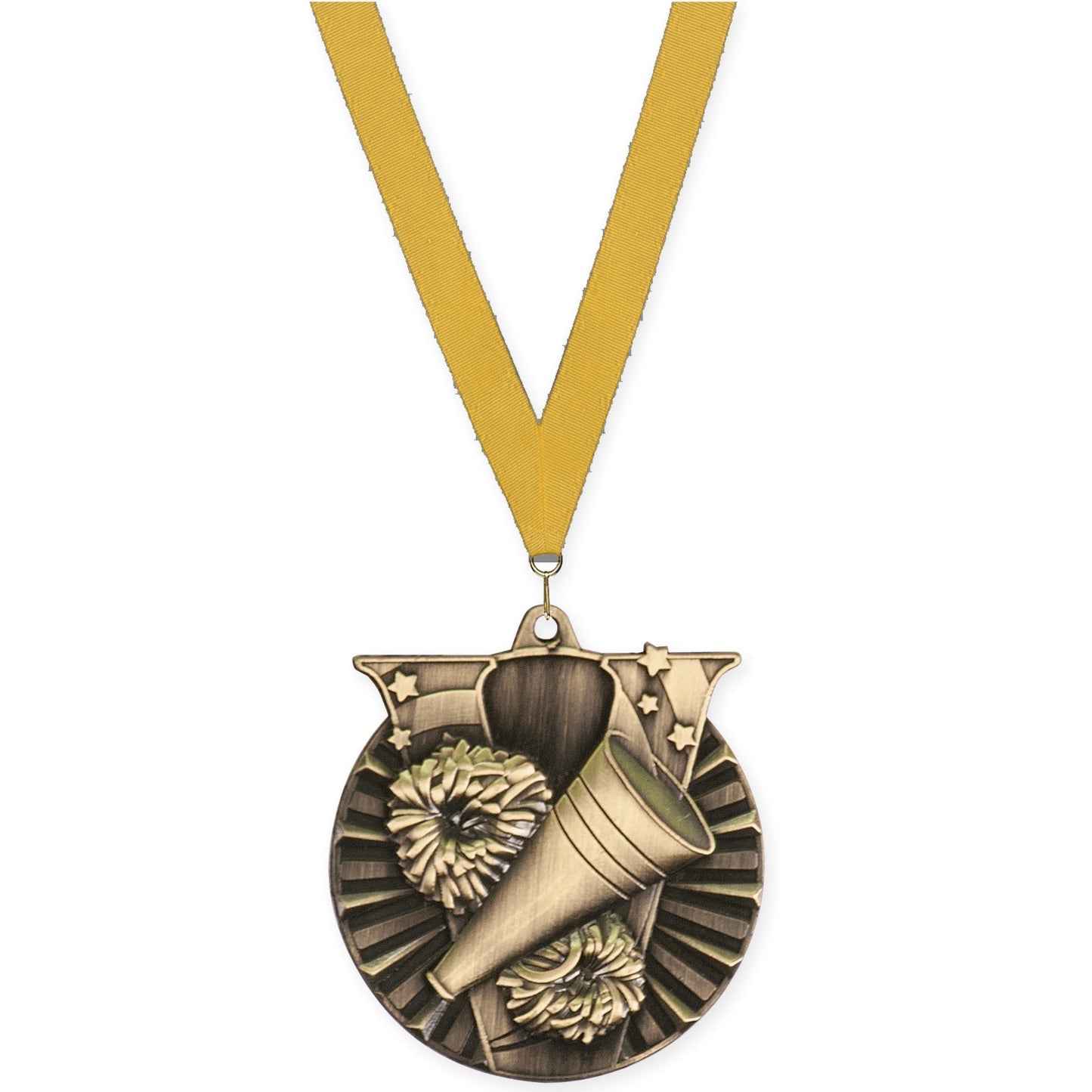 2 inch cheerleading Victory medal in antique gold with Gold neck ribbon