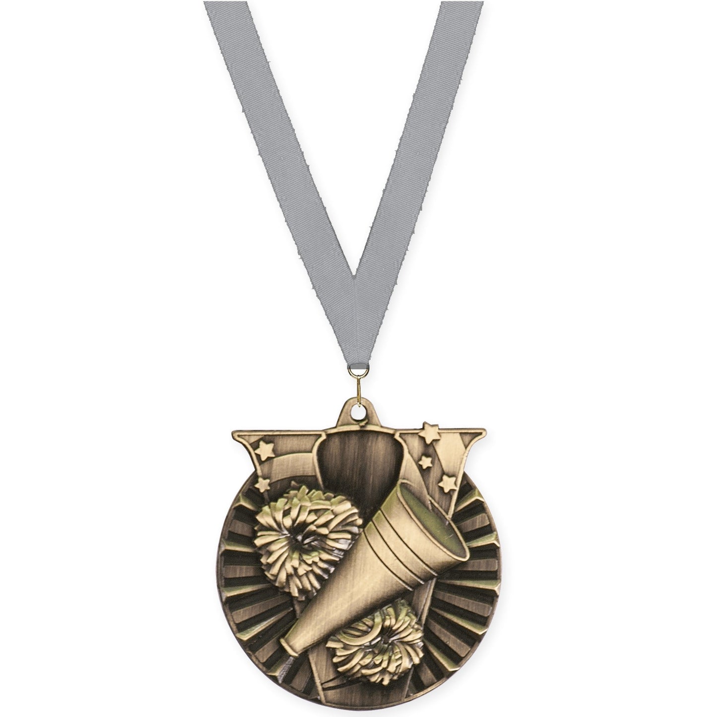 2 inch cheerleading Victory medal in antique gold with Gray neck ribbon