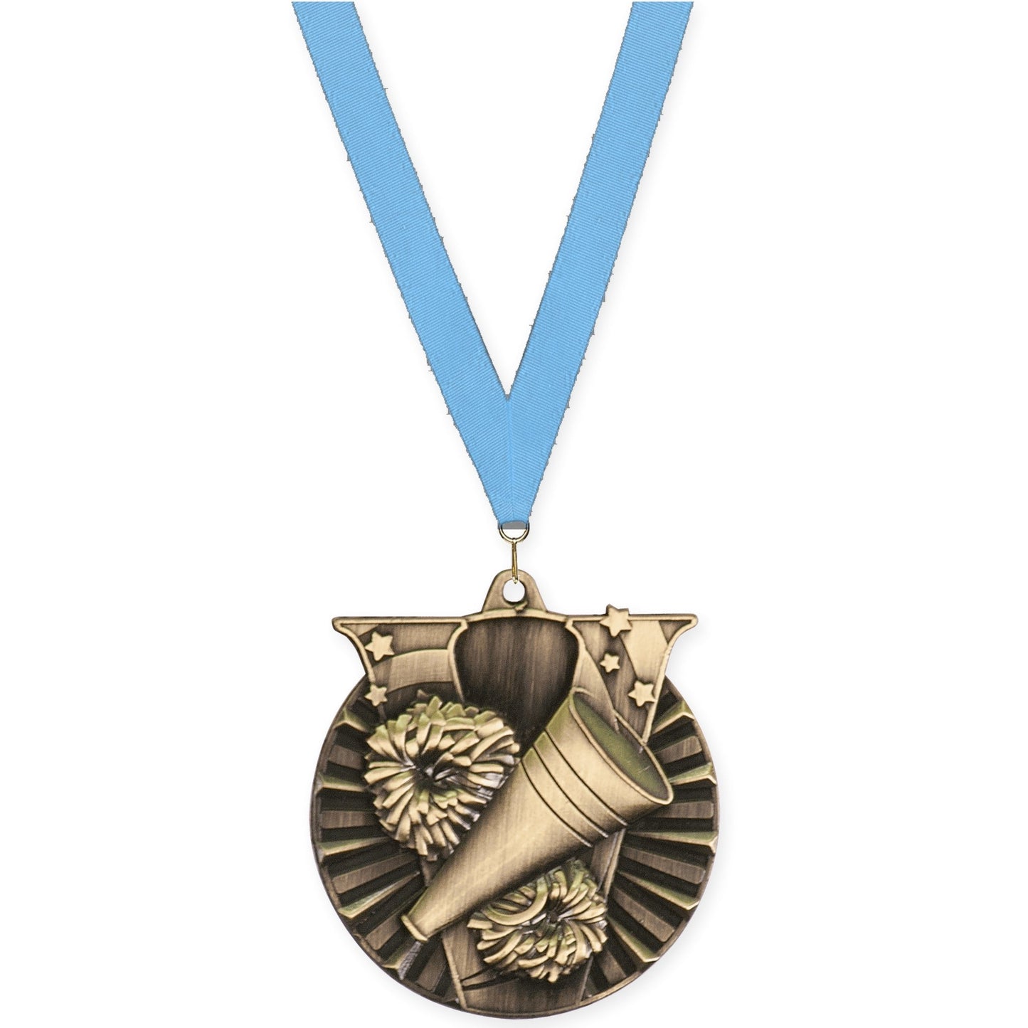 2 inch cheerleading Victory medal in antique gold with Light Blue neck ribbon