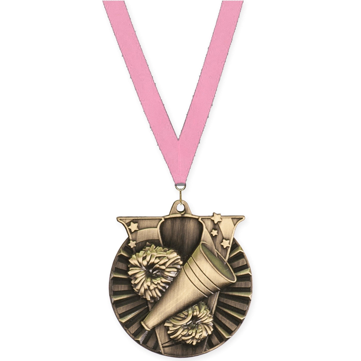 2 inch cheerleading Victory medal in antique gold with Pink neck ribbon