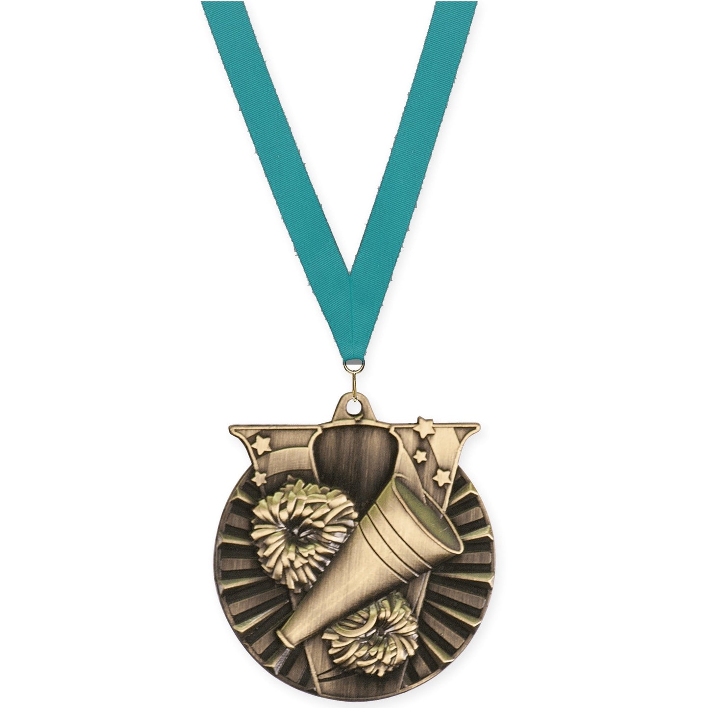 2 inch cheerleading Victory medal in antique gold with Teal neck ribbon
