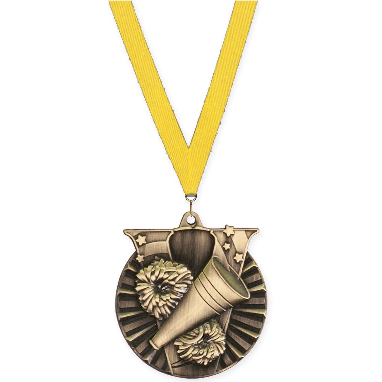 2 inch cheerleading Victory medal in antique gold with Yellow neck ribbon