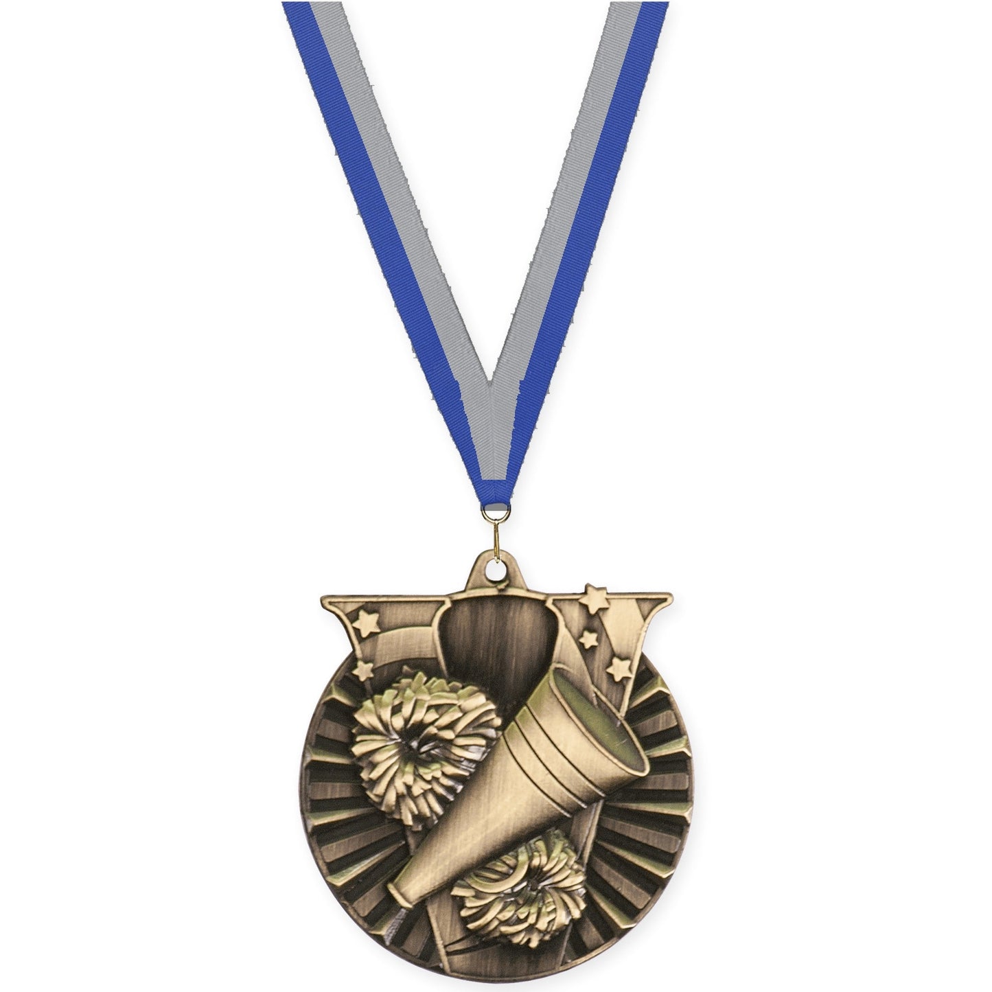 2 inch cheerleading Victory medal in antique gold with Blue Gray neck ribbon