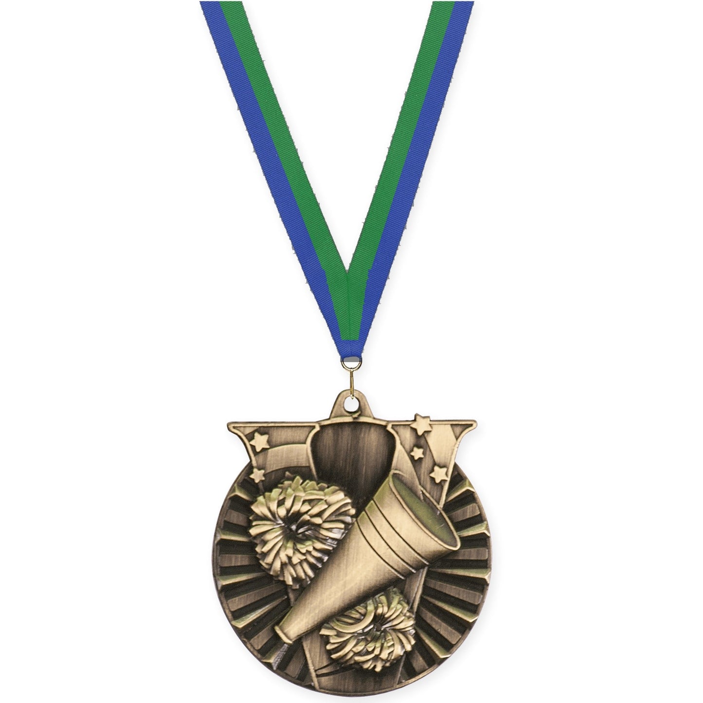 2 inch cheerleading Victory medal in antique gold with Blue Green neck ribbon