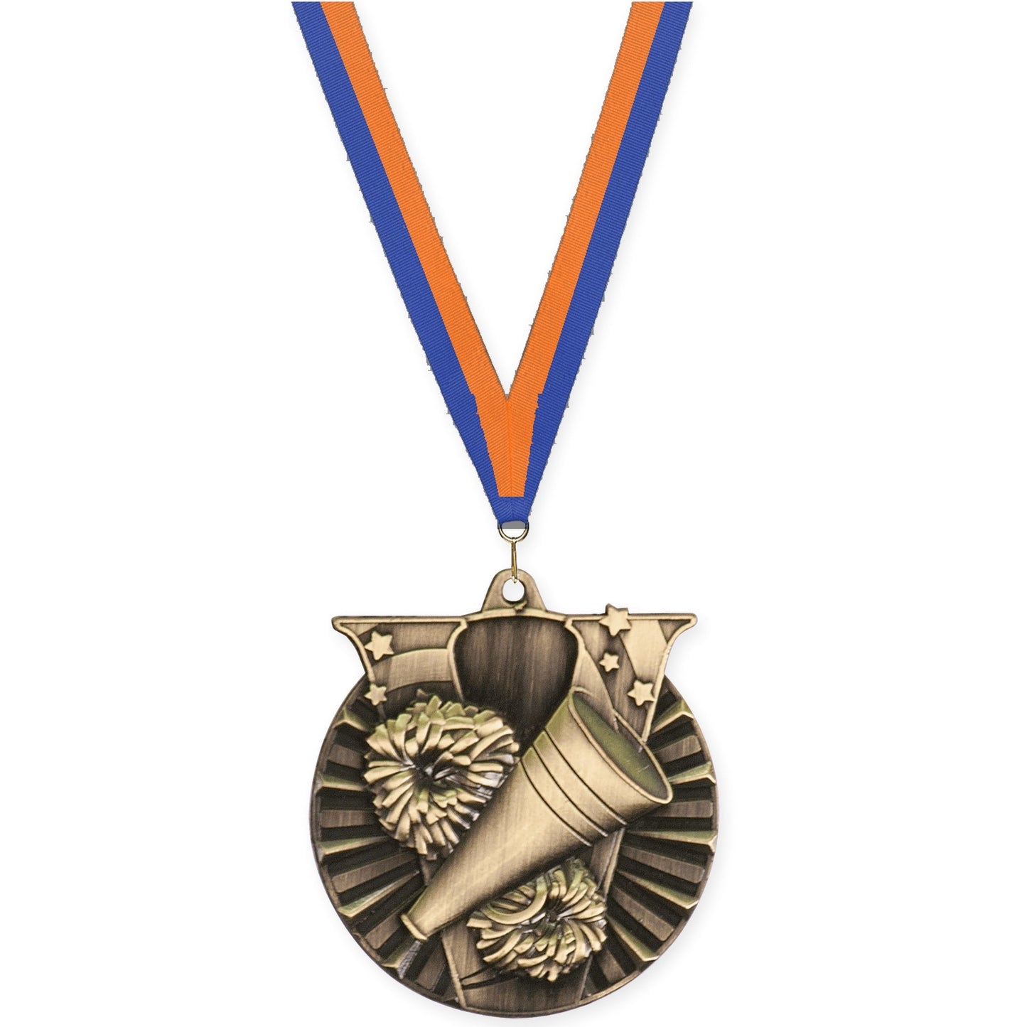 2 inch cheerleading Victory medal in antique gold with Blue Orange neck ribbon