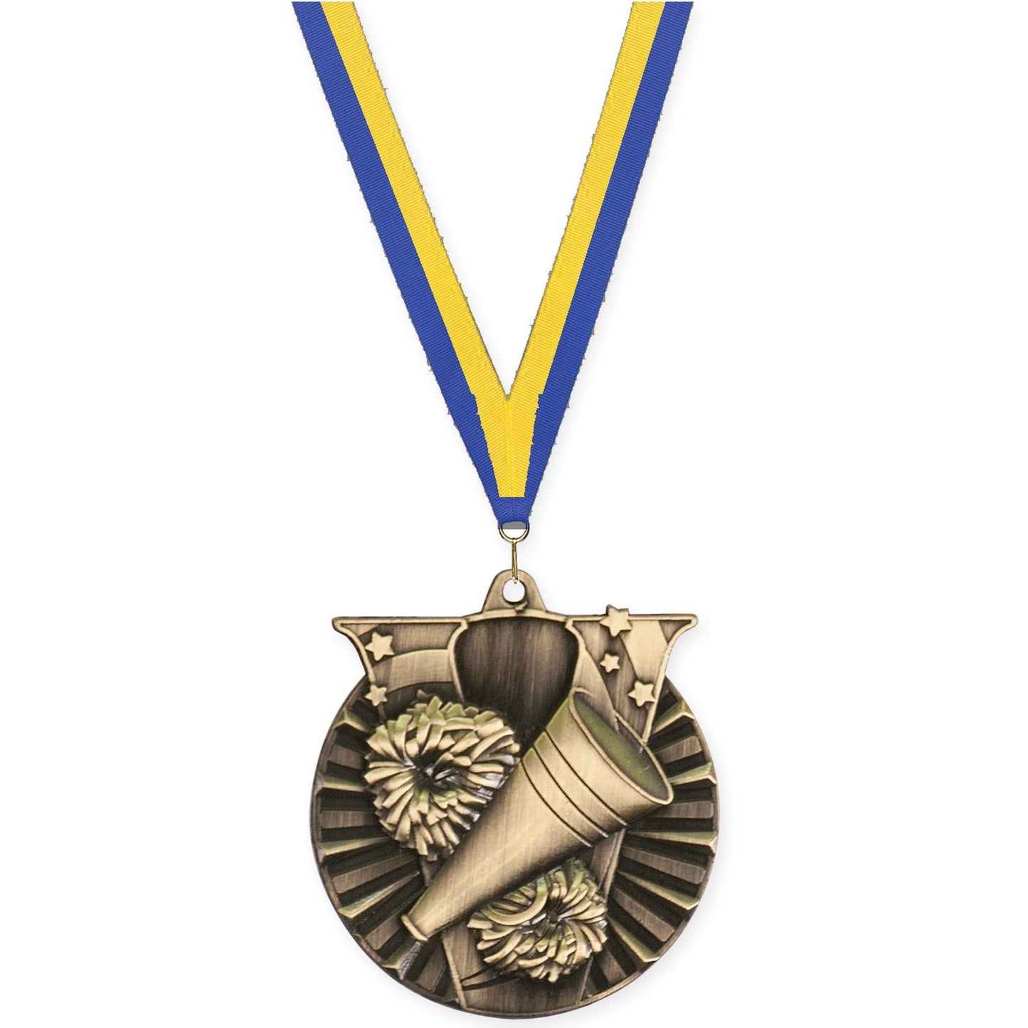 2 inch cheerleading Victory medal in antique gold with Blue Yellow neck ribbon