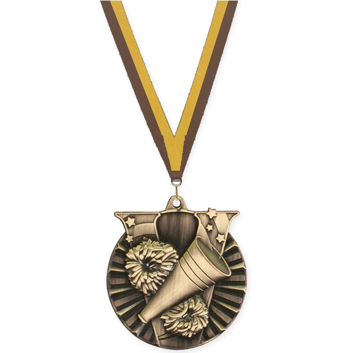 2 inch cheerleading Victory medal in antique gold with Brown Gold neck ribbon
