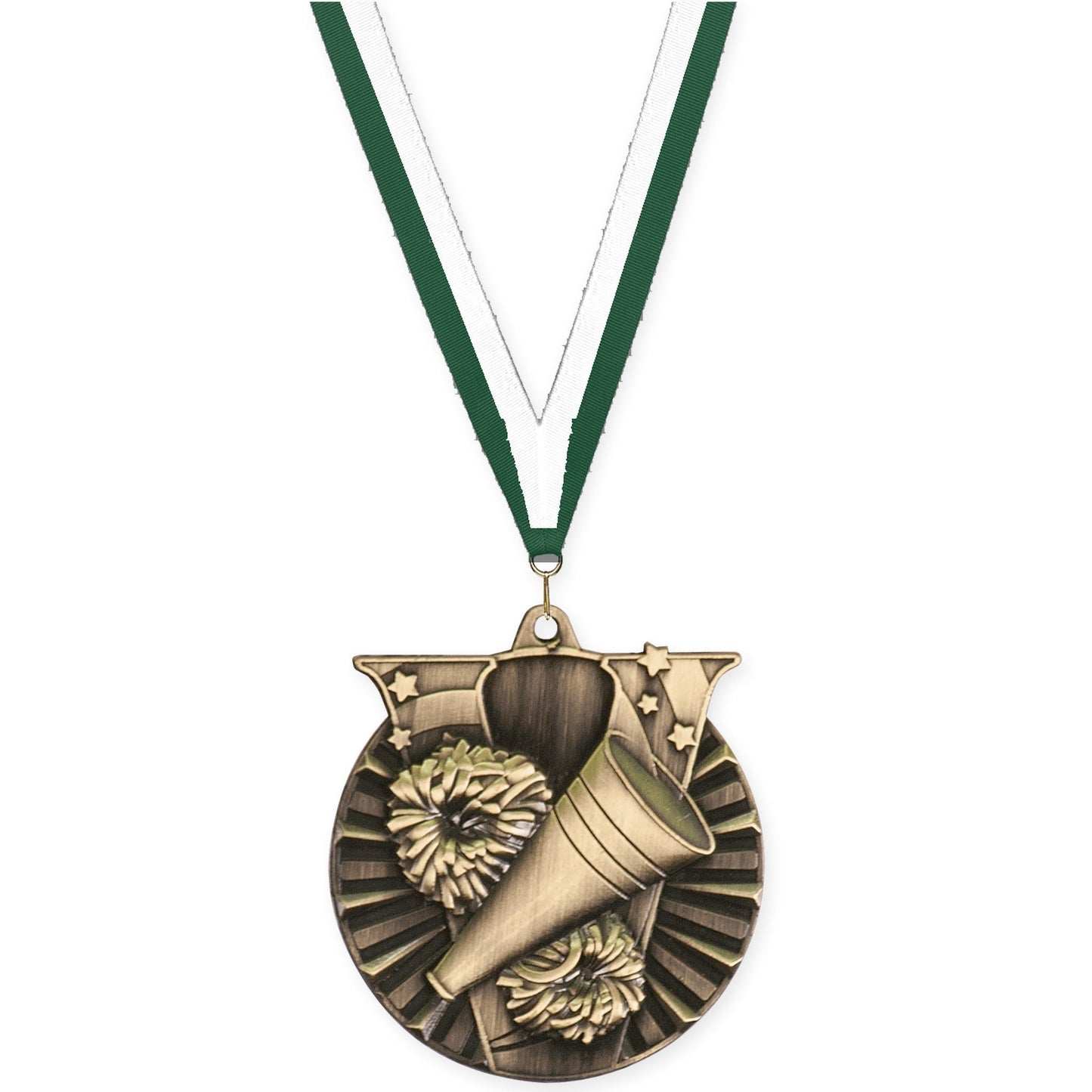 2 inch cheerleading Victory medal in antique gold with Hunter Green White neck ribbon