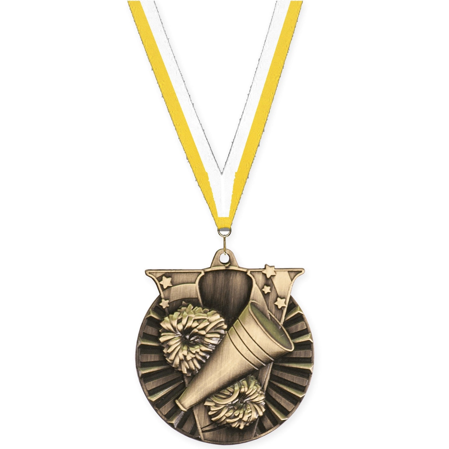 2 inch cheerleading Victory medal in antique gold with Yellow White neck ribbon