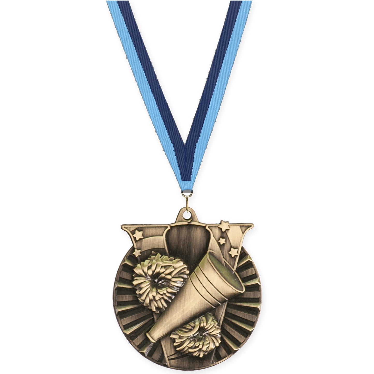 2 inch cheerleading Victory medal in antique gold with Light Blue Navy neck ribbon