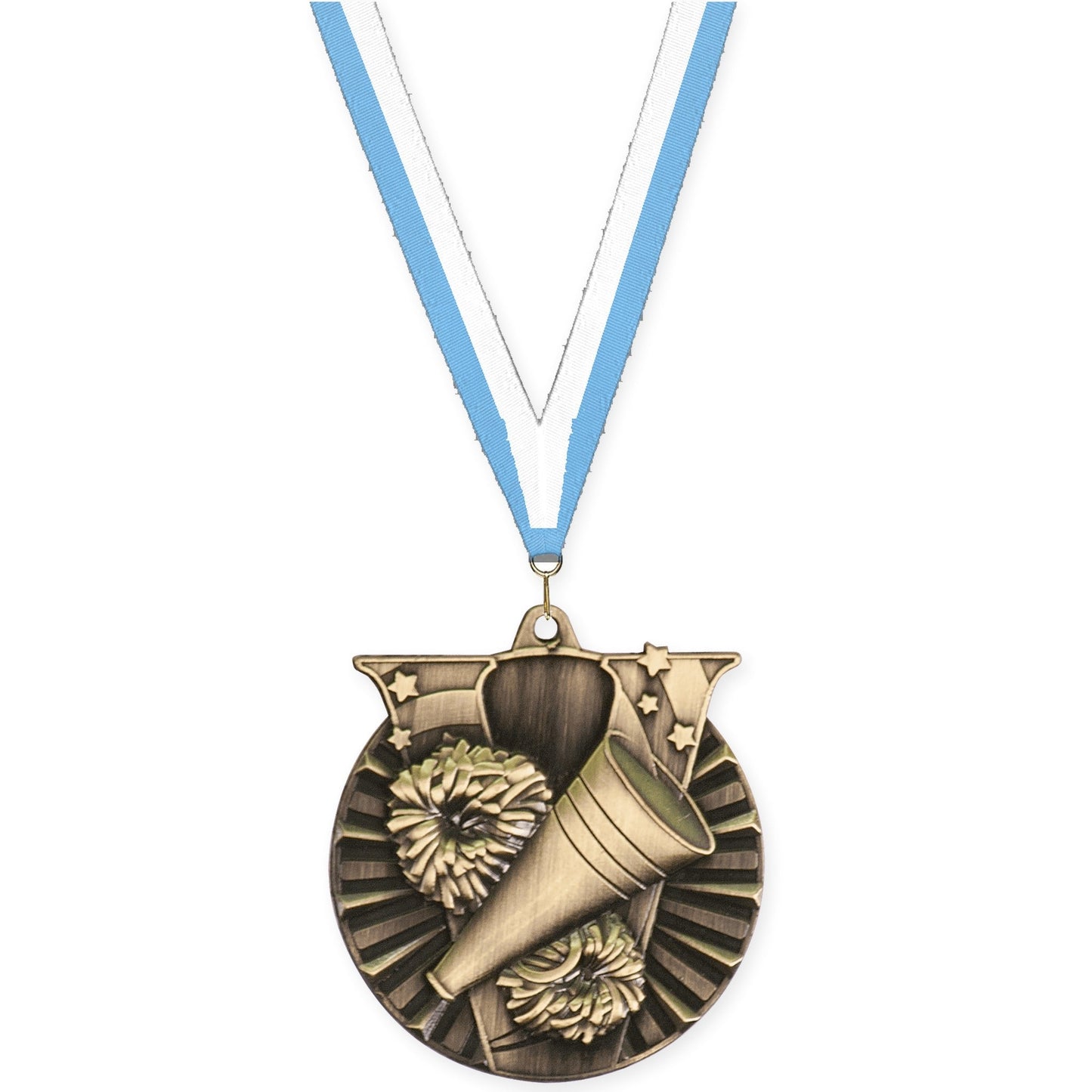 2 inch cheerleading Victory medal in antique gold with Light Blue White neck ribbon