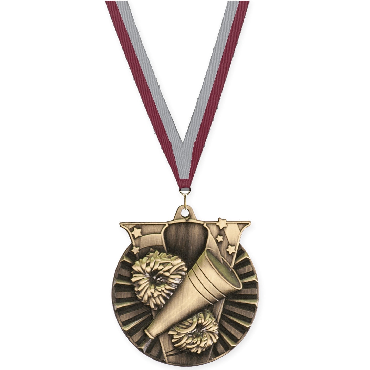 2 inch cheerleading Victory medal in antique gold with Maroon Gray neck ribbon