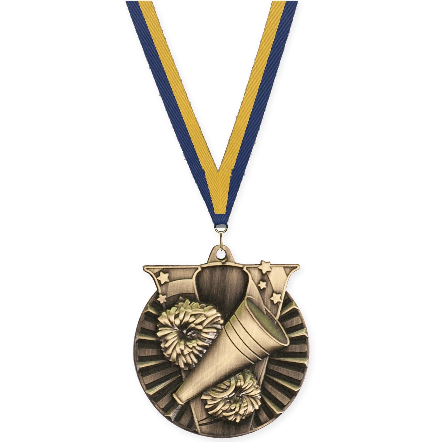 2 inch cheerleading Victory medal in antique gold with Navy Gold neck ribbon