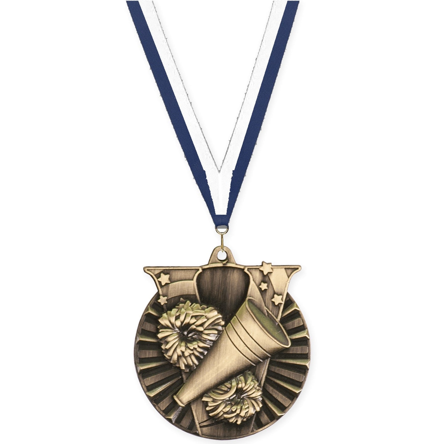 2 inch cheerleading Victory medal in antique gold with Navy White neck ribbon