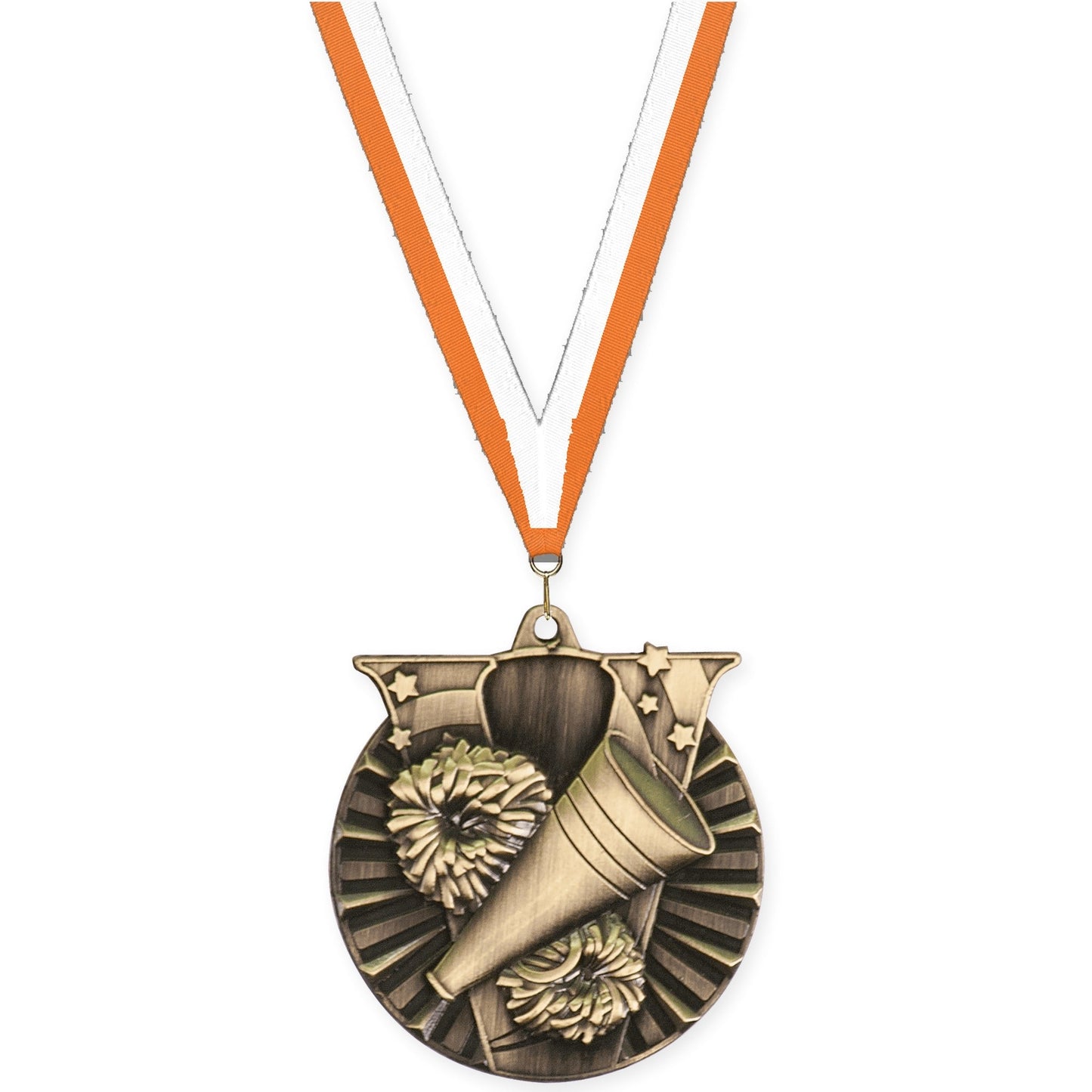 2 inch cheerleading Victory medal in antique gold with Orange White neck ribbon