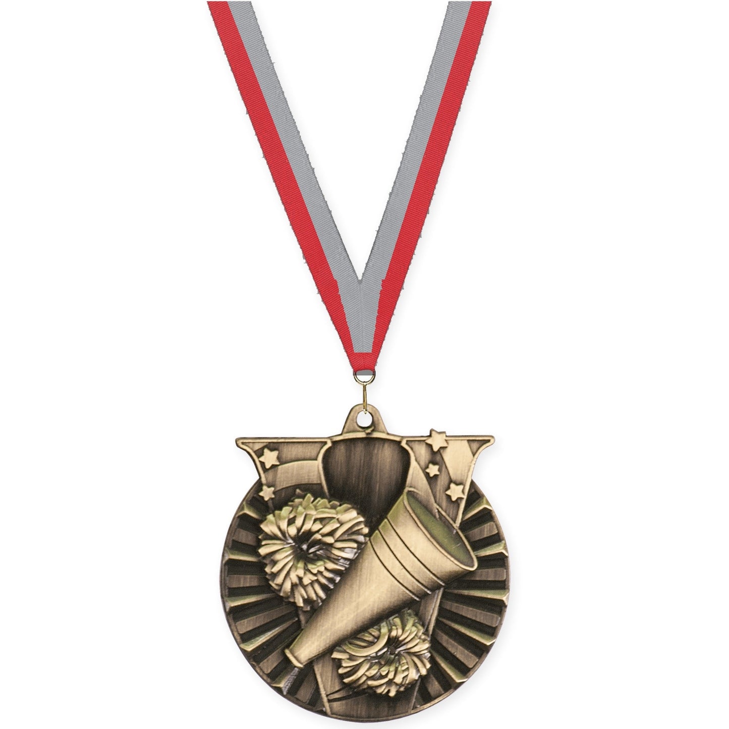 2 inch cheerleading Victory medal in antique gold with Red Gray neck ribbon