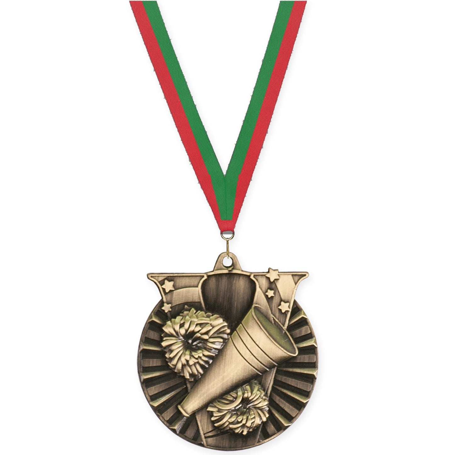 2 inch cheerleading Victory medal in antique gold with Red Green neck ribbon