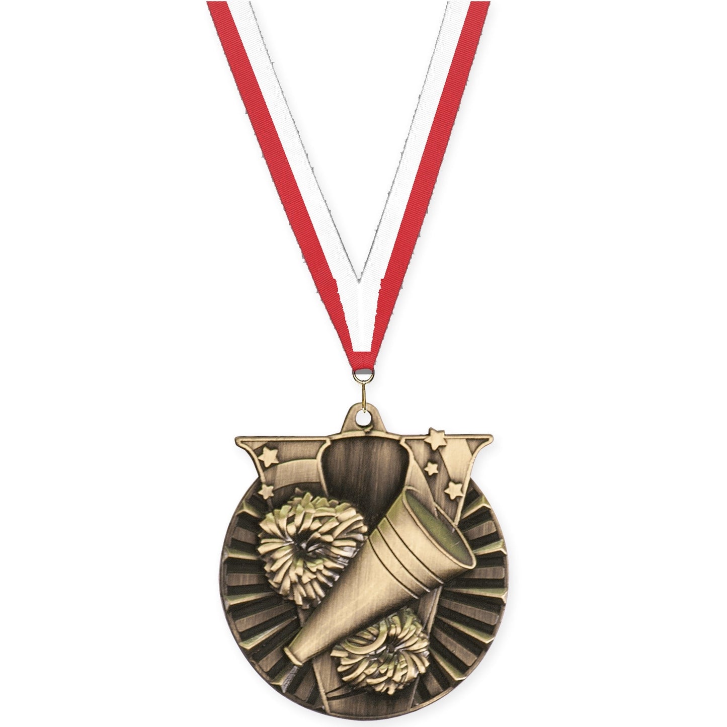 2 inch cheerleading Victory medal in antique gold with Red White neck ribbon