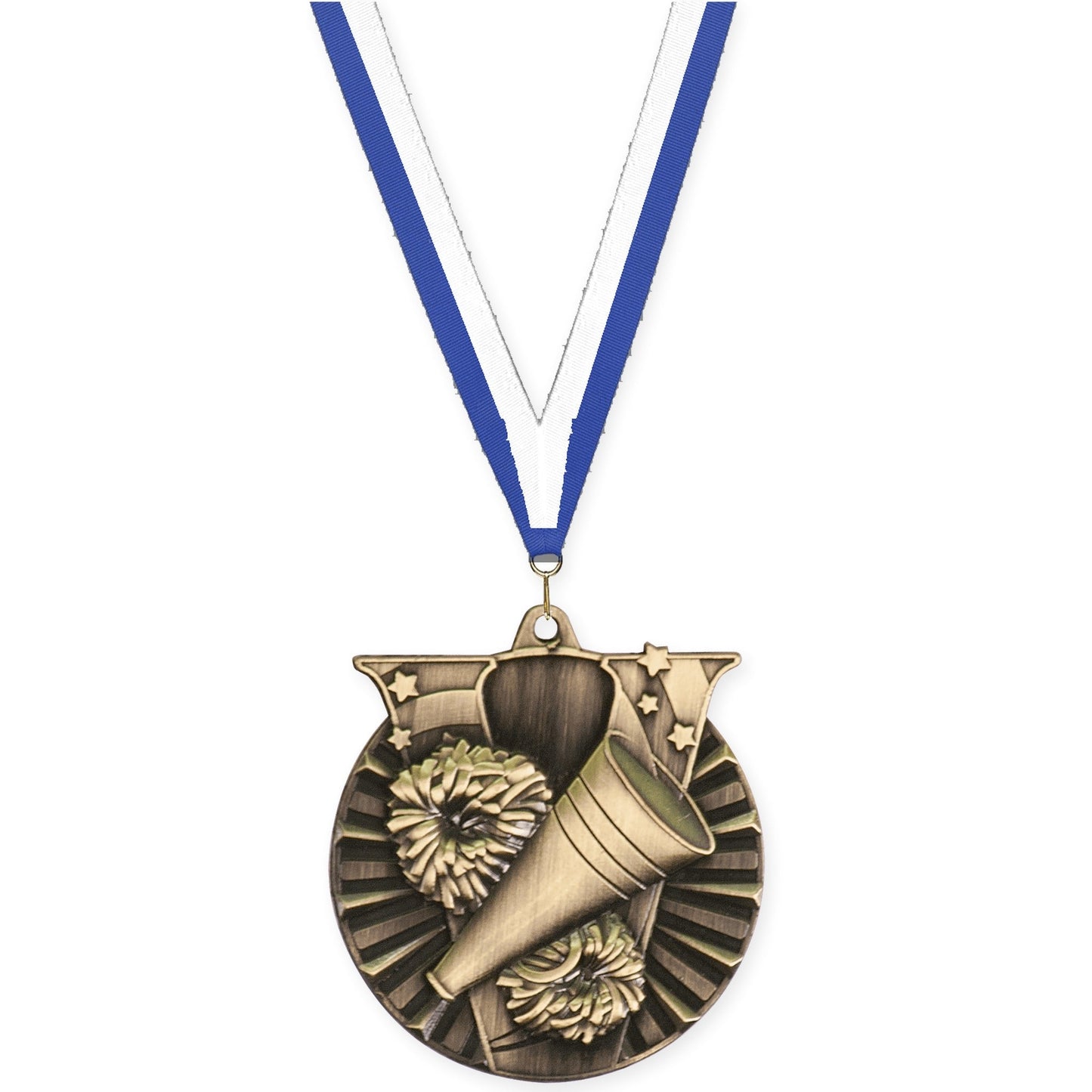 2 inch cheerleading Victory medal in antique gold with Blue White neck ribbon