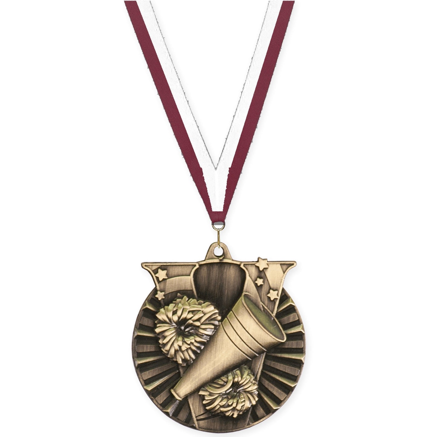 2 inch cheerleading Victory medal in antique gold with Maroon White neck ribbon
