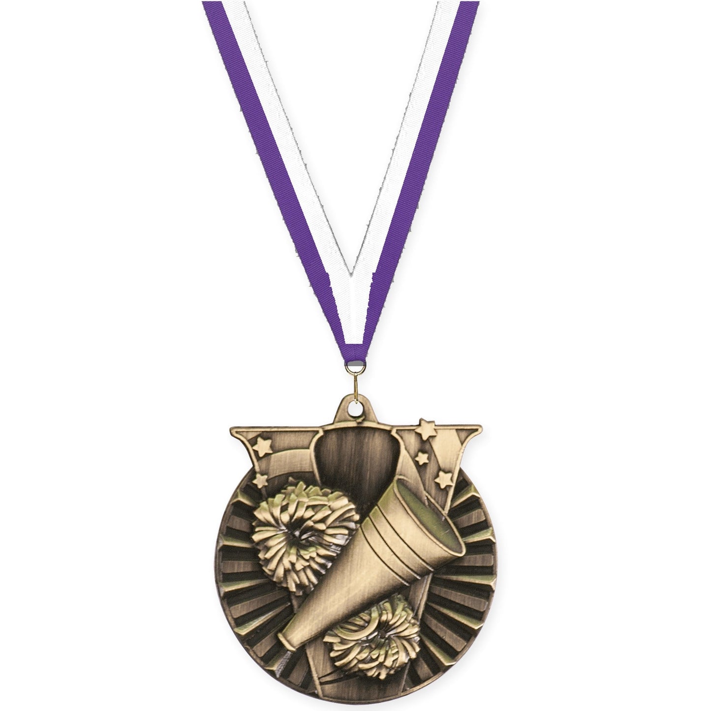 2 inch cheerleading Victory medal in antique gold with Purple White neck ribbon