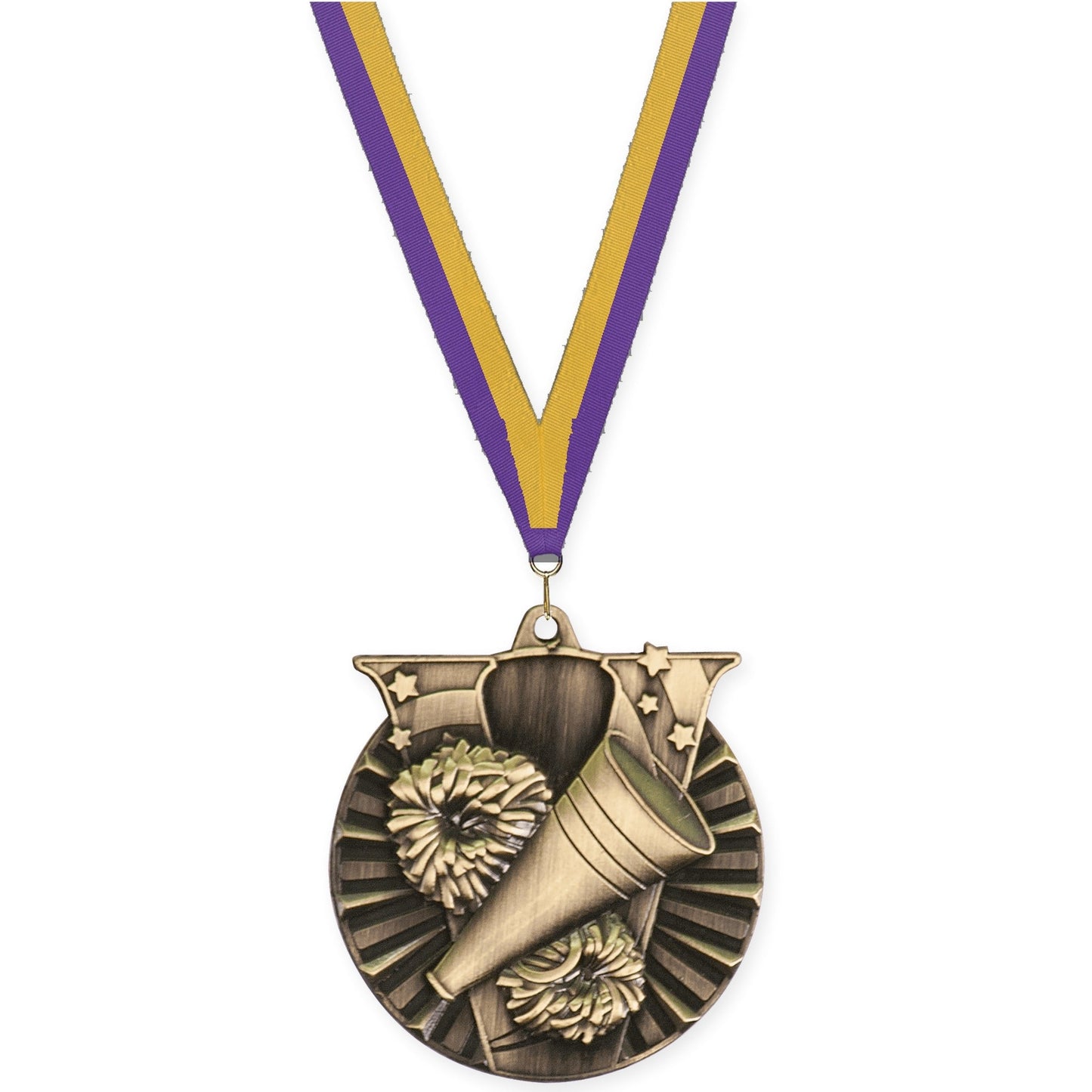 2 inch cheerleading Victory medal in antique gold with Purple Gold neck ribbon