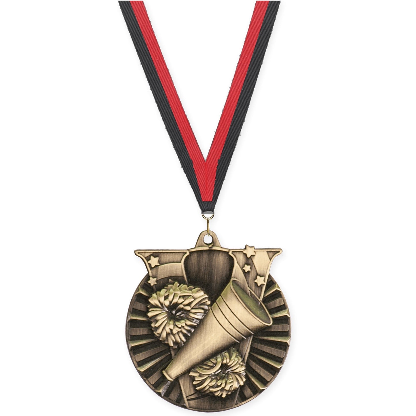 2 inch cheerleading Victory medal in antique gold with Black Red neck ribbon
