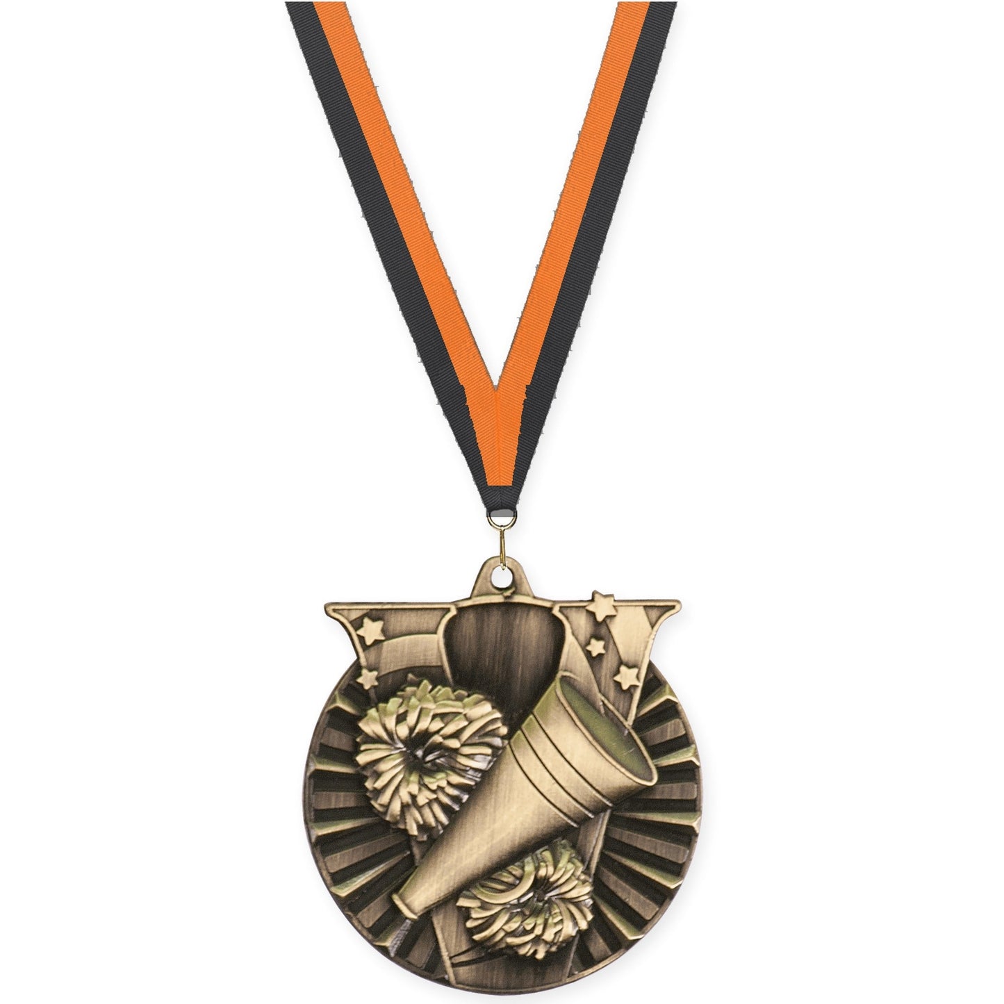 2 inch cheerleading Victory medal in antique gold with Black Orange neck ribbon