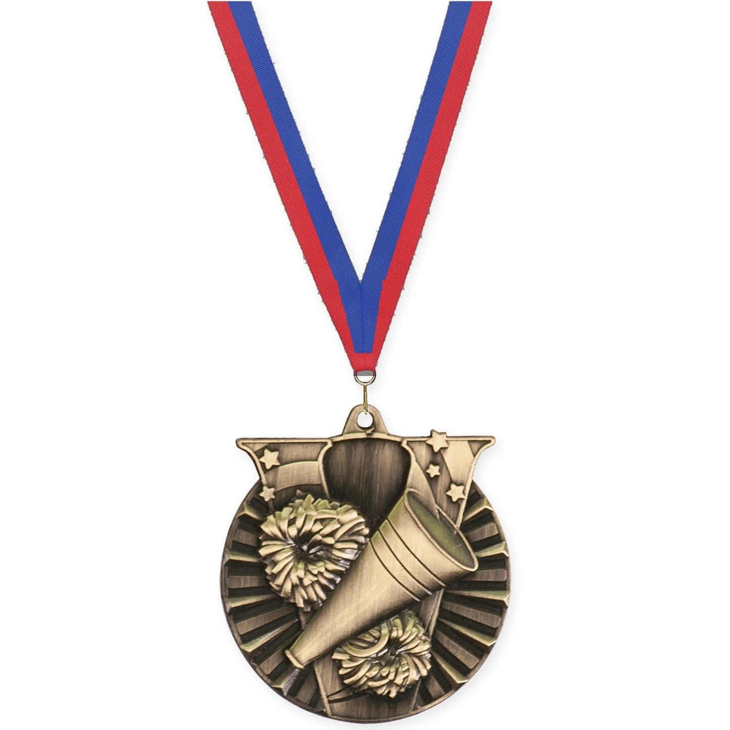 2 inch cheerleading Victory medal in antique gold with Blue Red neck ribbon