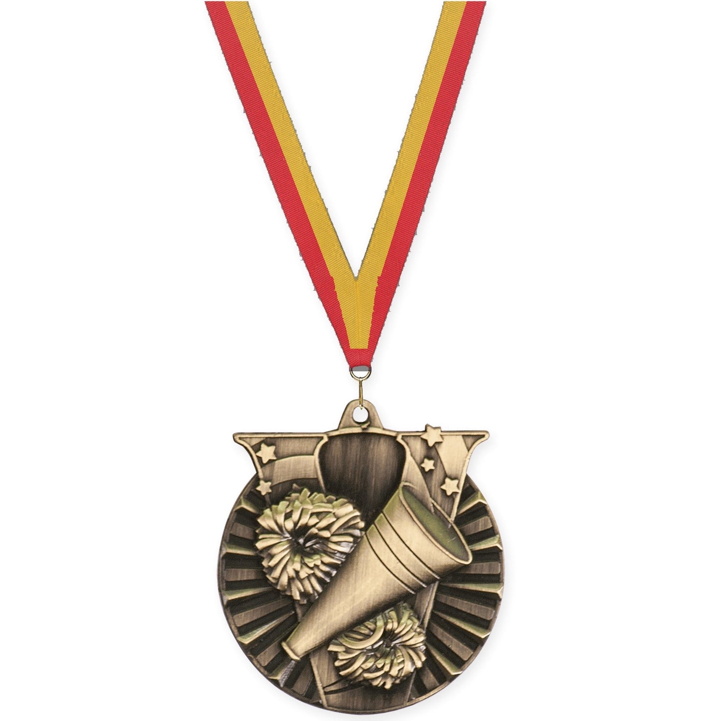 2 inch cheerleading Victory medal in antique gold with Red Gold neck ribbon