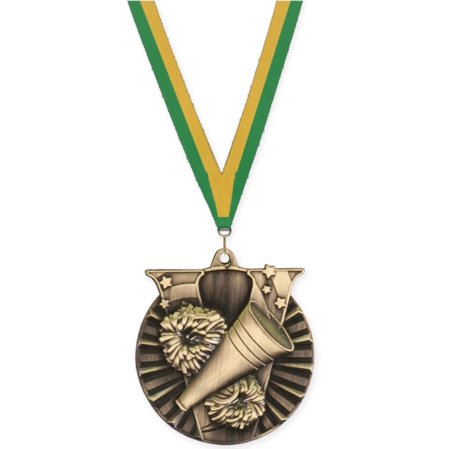 2 inch cheerleading Victory medal in antique gold with Green Gold neck ribbon