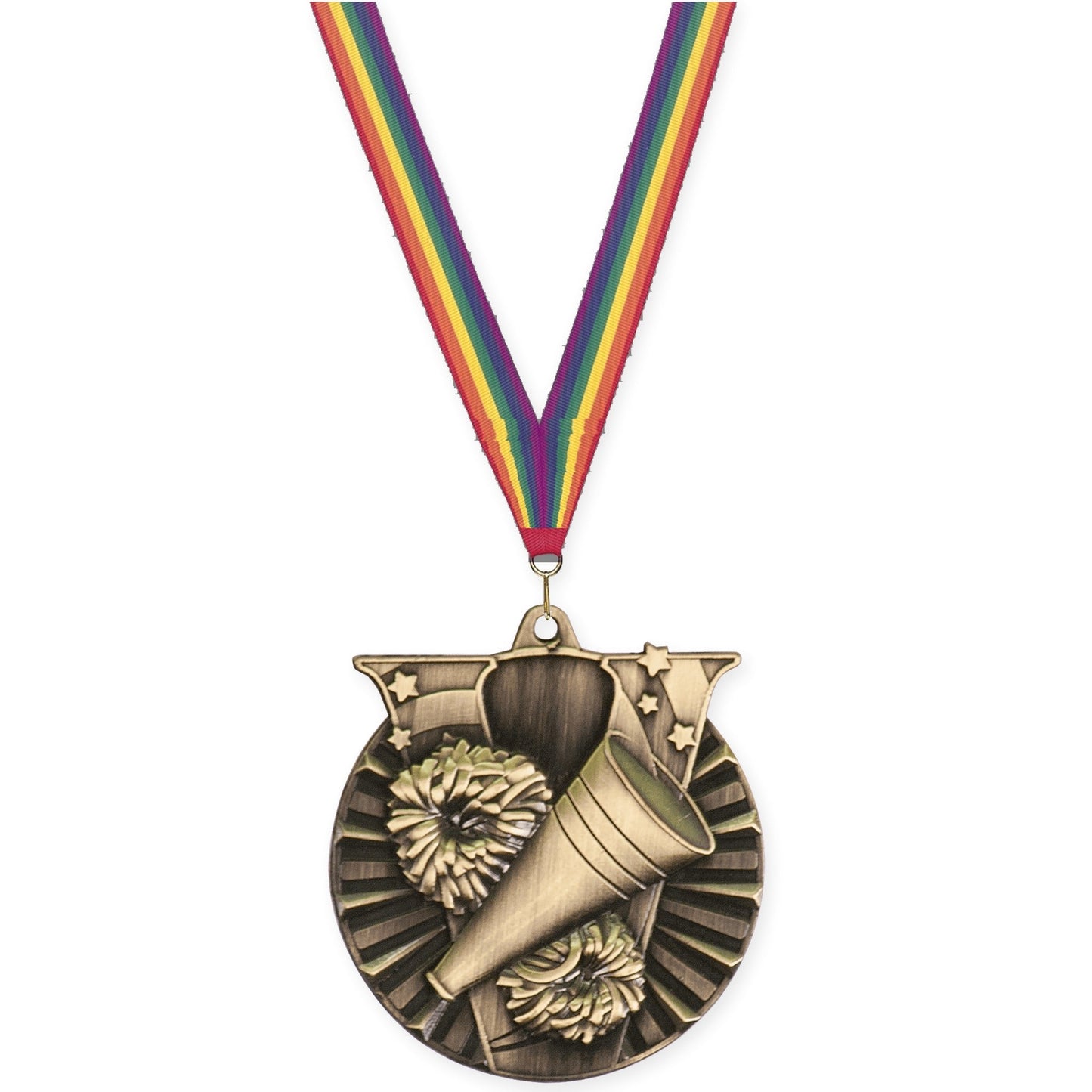 2 inch cheerleading Victory medal in antique gold with Rainbow neck ribbon
