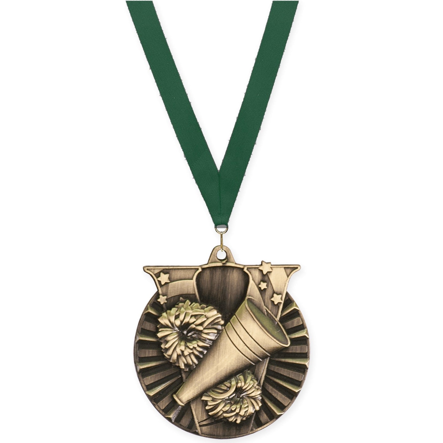2 inch cheerleading Victory medal in antique gold with Hunter Green neck ribbon