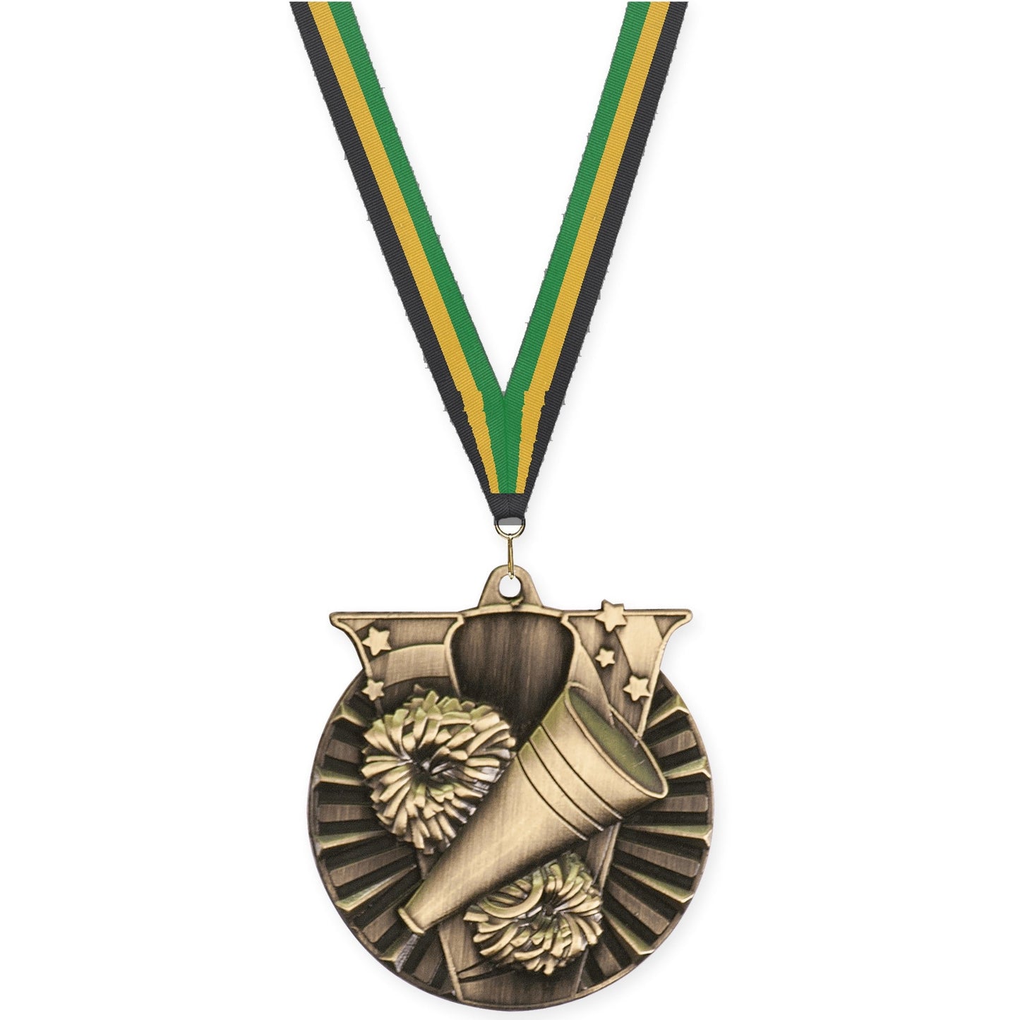2 inch cheerleading Victory medal in antique gold with Black Gold Green neck ribbon