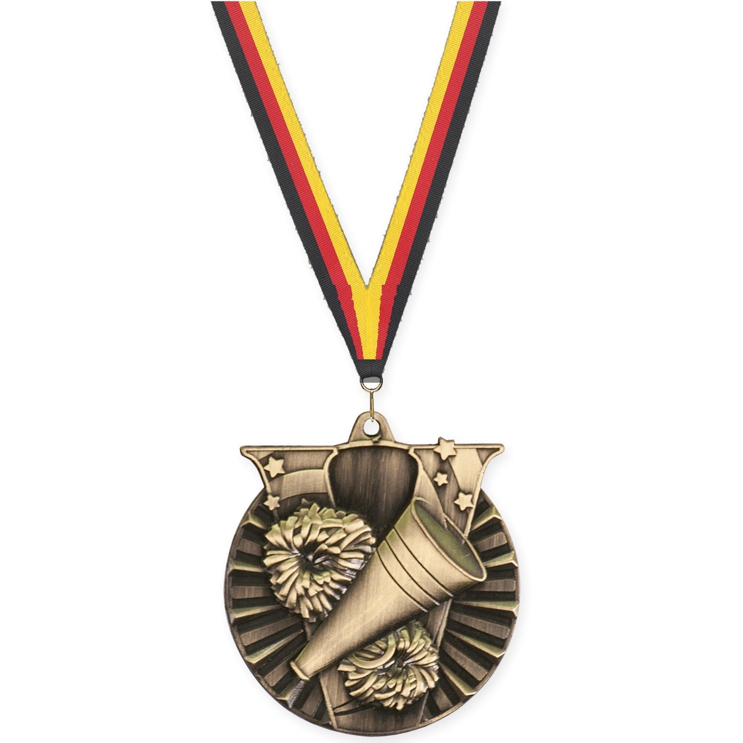 2 inch cheerleading Victory medal in antique gold with Black Red Yellow neck ribbon