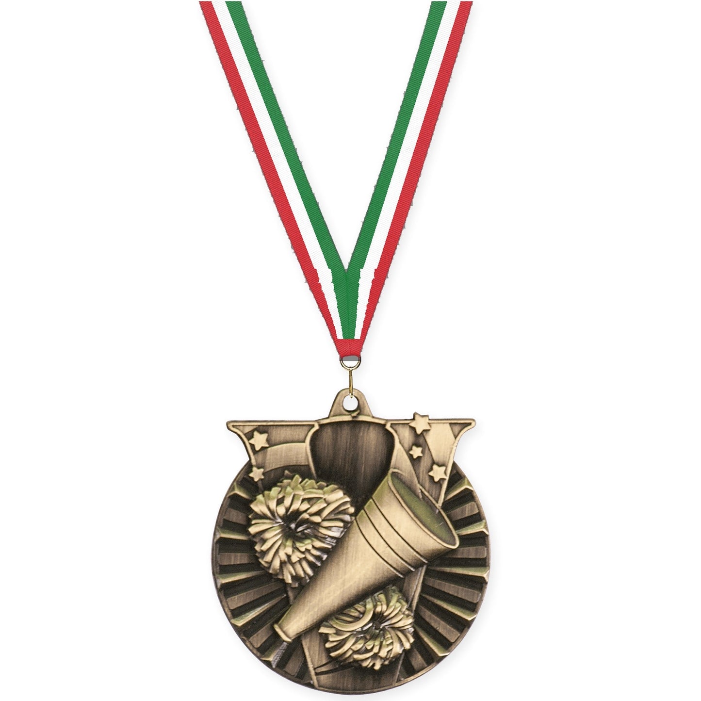 2 inch cheerleading Victory medal in antique gold with Red White Green neck ribbon