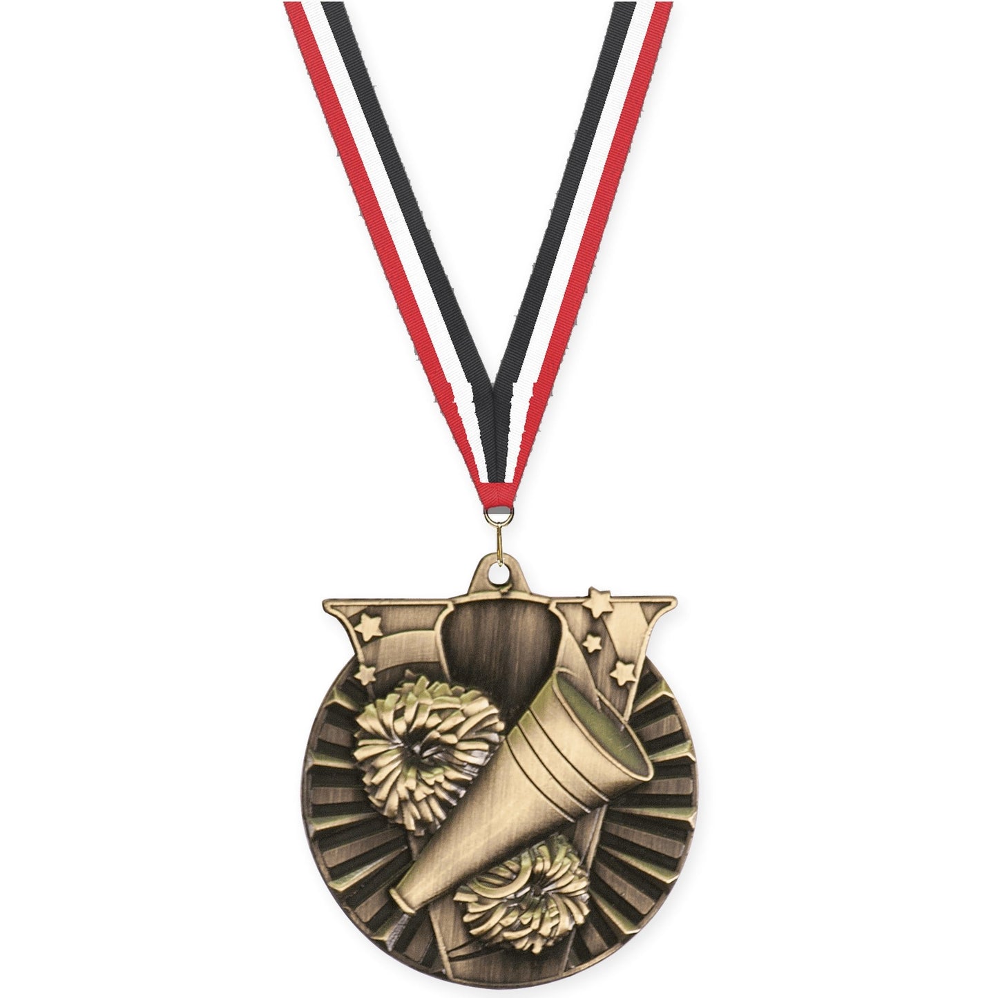2 inch cheerleading Victory medal in antique gold with Red White Black neck ribbon
