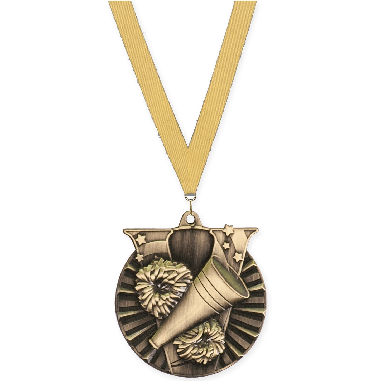 2 inch cheerleading Victory medal in antique gold with Gold Metallic neck ribbon