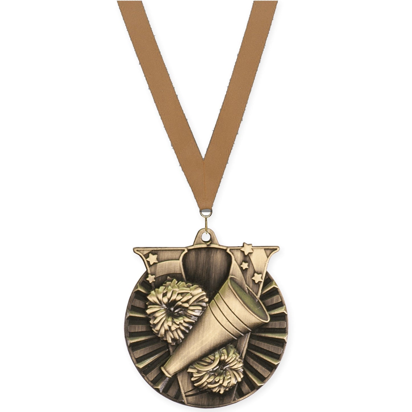 2 inch cheerleading Victory medal in antique gold with Bronze Metallic neck ribbon