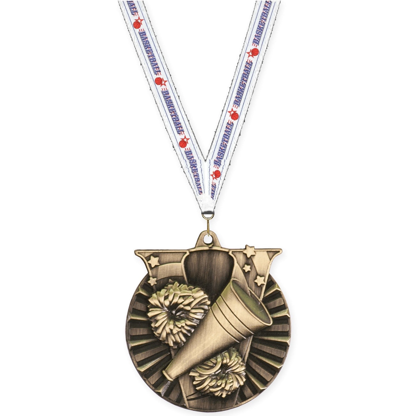 2 inch cheerleading Victory medal in antique gold with Basketball neck ribbon