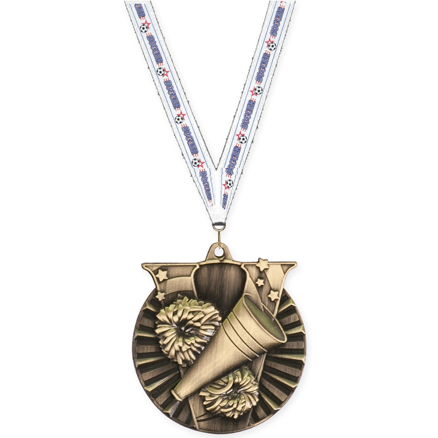 2 inch cheerleading Victory medal in antique gold with Soccer neck ribbon