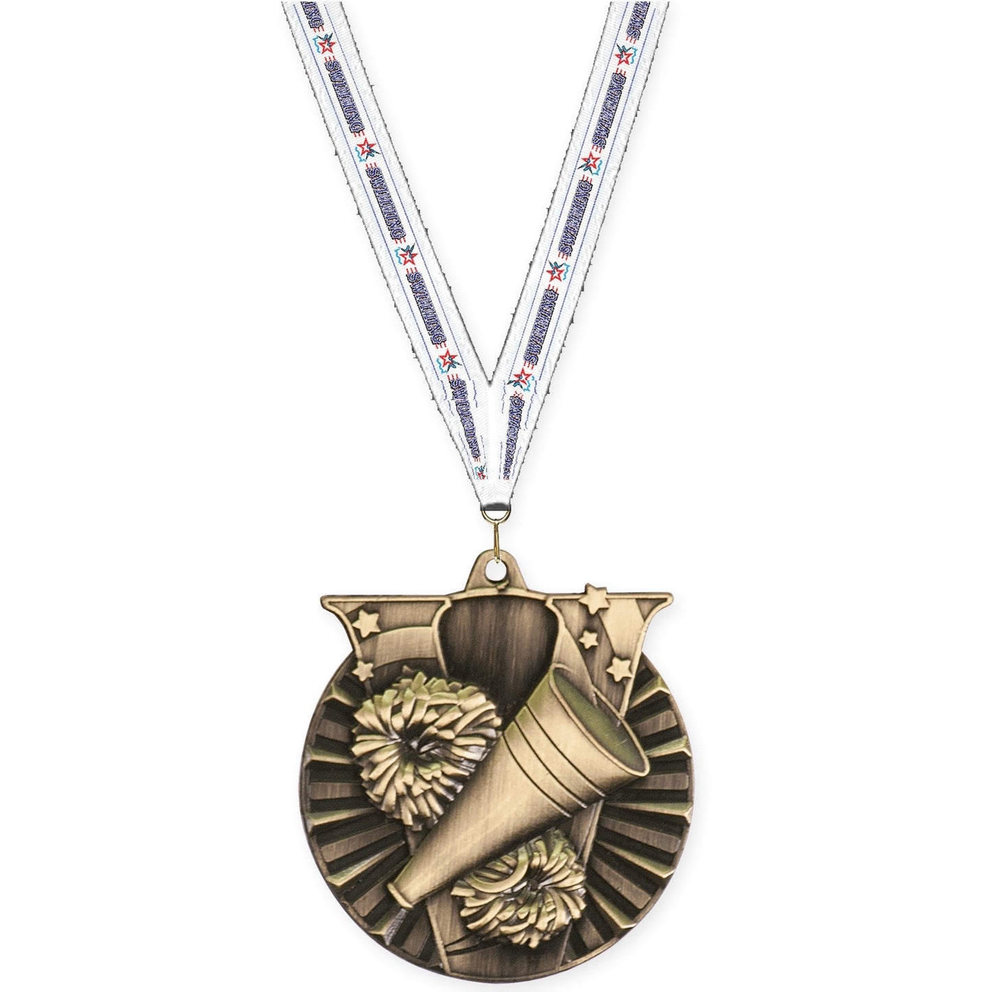 2 inch cheerleading Victory medal in antique gold with Swimming neck ribbon