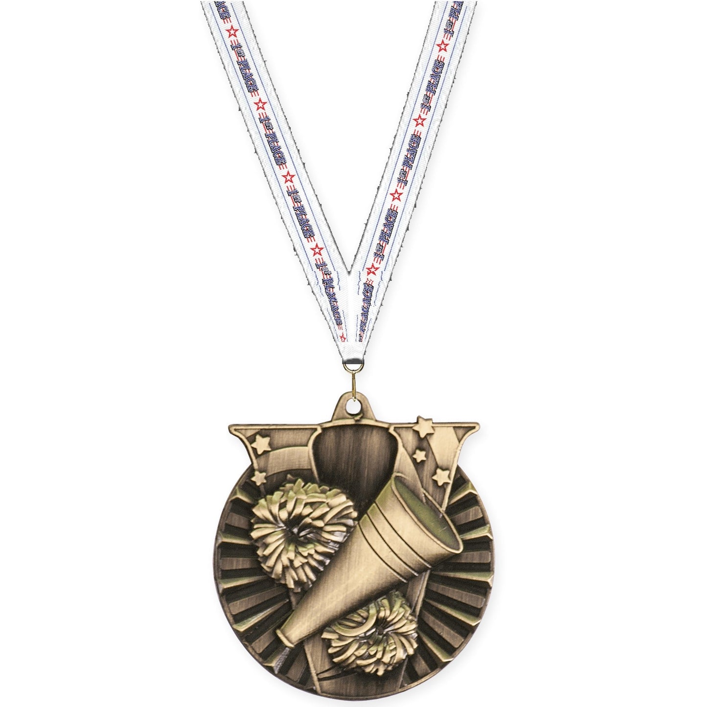2 inch cheerleading Victory medal in antique gold with 1st Place neck ribbon