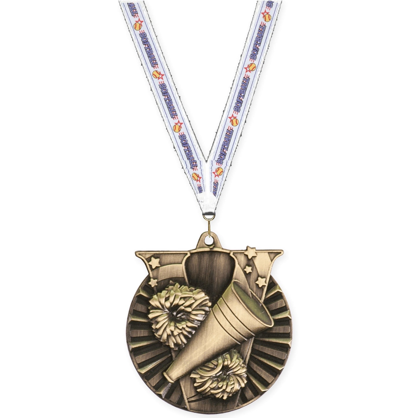 2 inch cheerleading Victory medal in antique gold with Softball neck ribbon