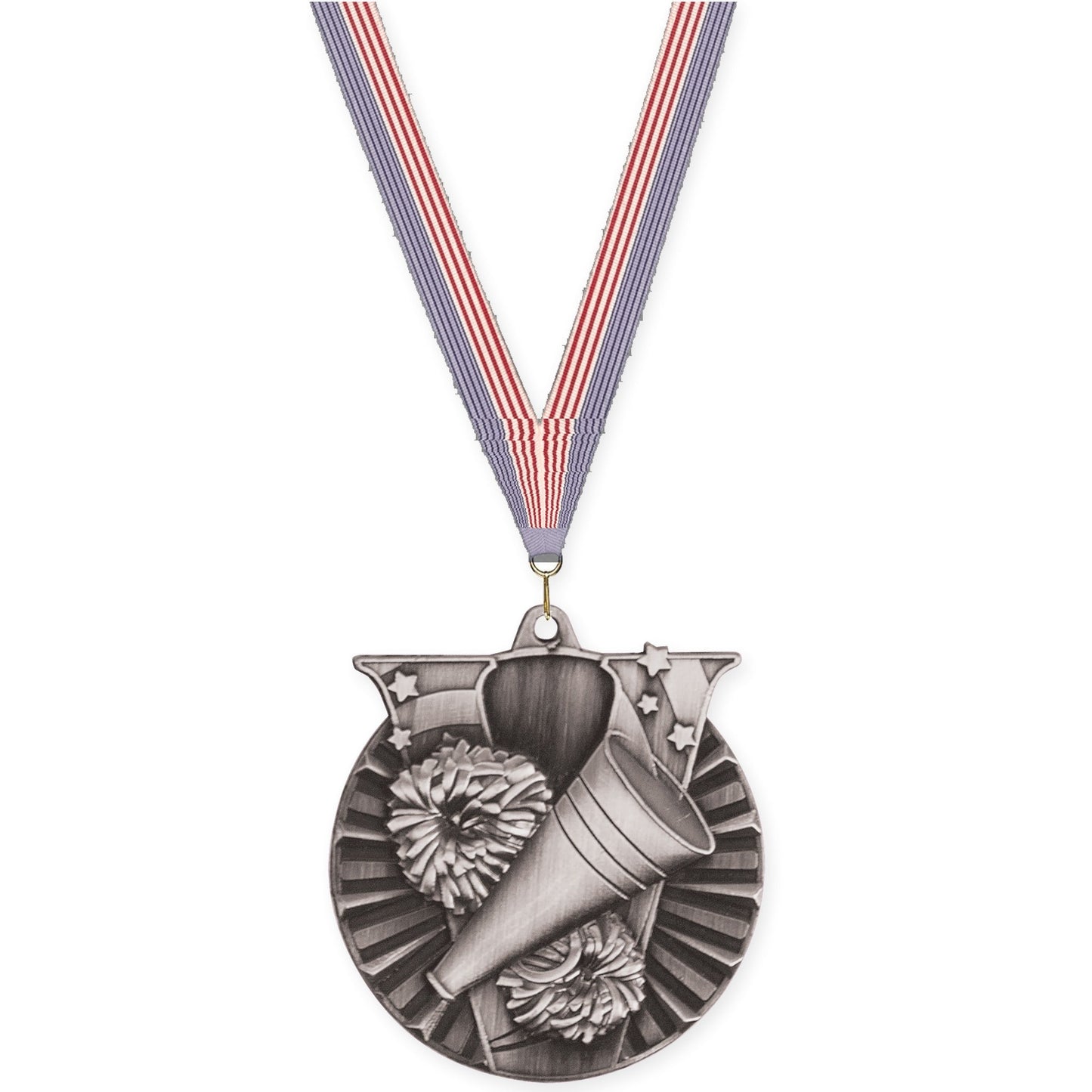 2 inch cheerleading Victory medal in antique silver with USA Flag neck ribbon