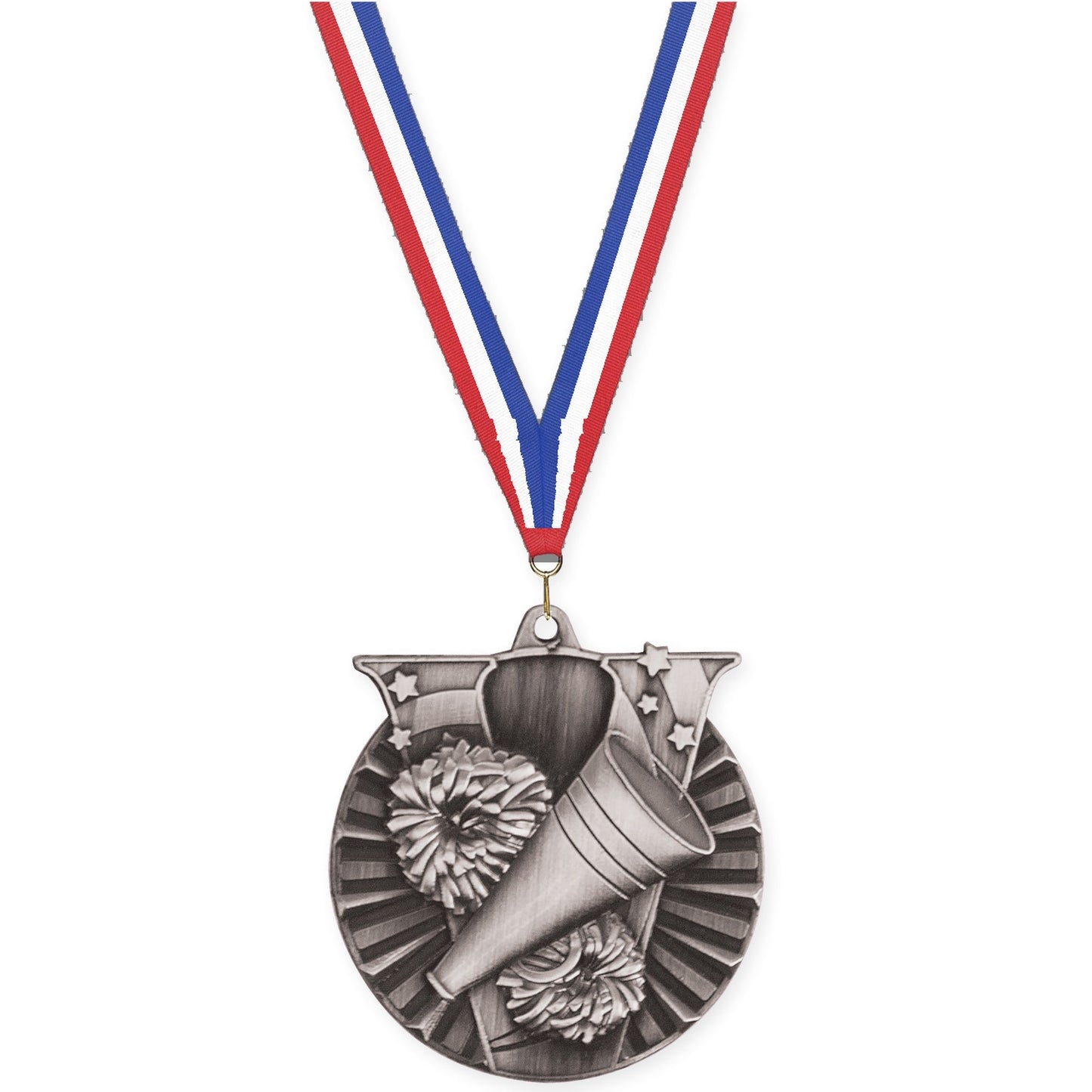 2 inch cheerleading Victory medal in antique silver with Red White Blue neck ribbon