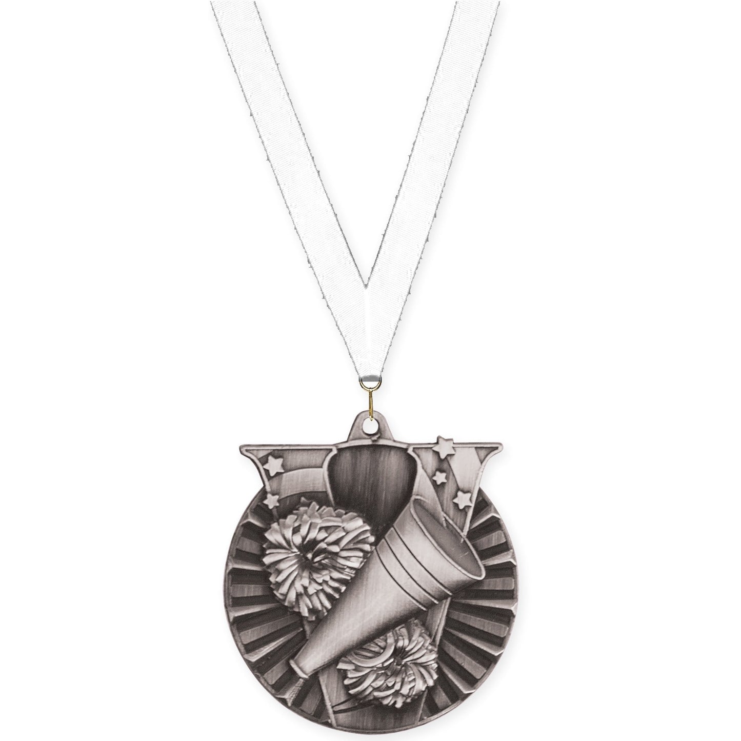 2 inch cheerleading Victory medal in antique silver with White neck ribbon